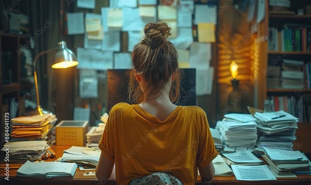 At her workplace in front of a computer with numerous documents on her desk, a businesswoman sits late with a determined expression, diligently working on a serious project. At her workplace in front of a computer with numerous documents on her desk, a businesswoman sits late with a determined expression, diligently working on a serious project.