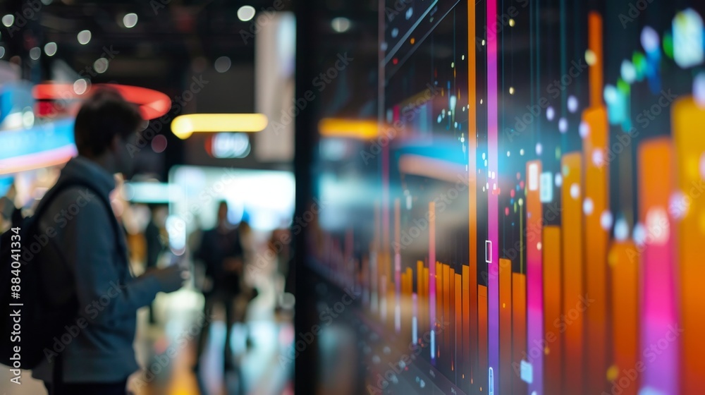 A bar graph displayed on a digital screen at a trade show booth, showcasing company growth. A bar graph displayed on a digital screen at a trade show booth, showcasing company growth.