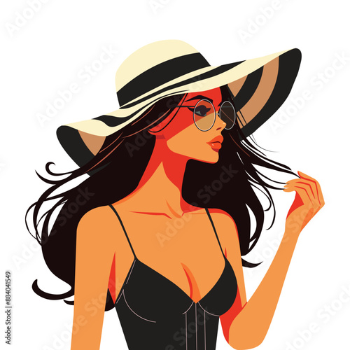 fashion style illustration flat style brunette girl on vacation