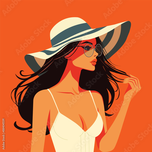 fashion style illustration flat style brunette girl on vacation on orange background 