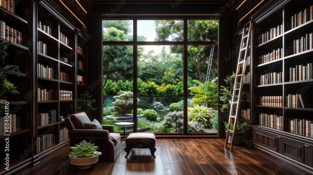 An elegant home library with dark wood bookshelves