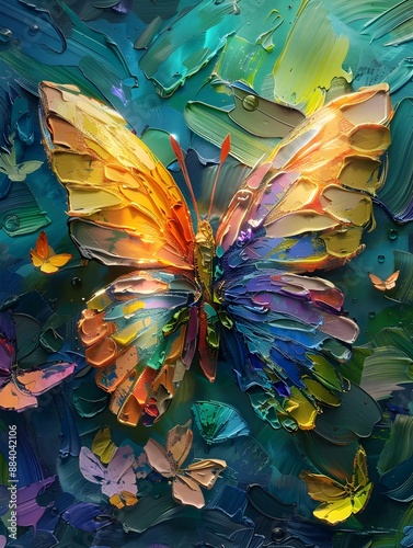 Vibrant Kaleidoscopic Butterfly in Lush Verdant Garden with Van Gogh Inspired Brushstrokes photo