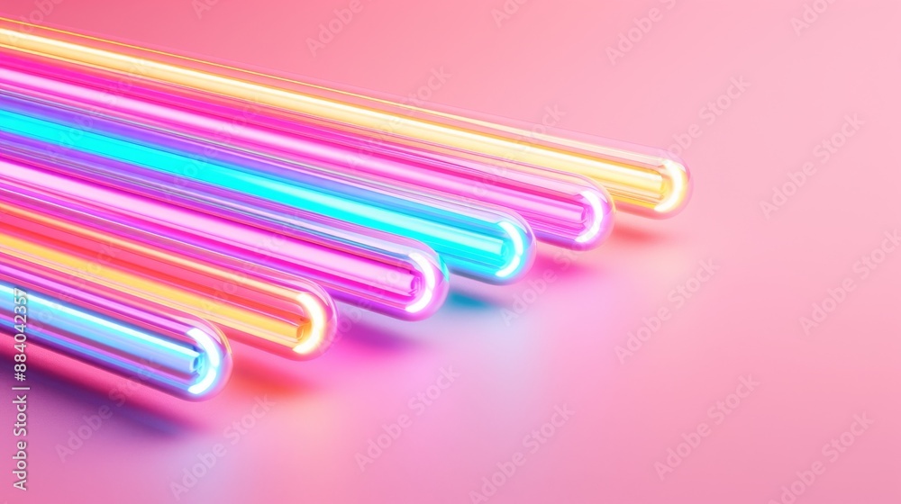 Colorful neon light tubes arranged diagonally on a vibrant pink background, creating a futuristic and energetic visual aesthetic. Colorful neon light tubes arranged diagonally on a vibrant pink background, creating a futuristic and energetic visual aesthetic.
