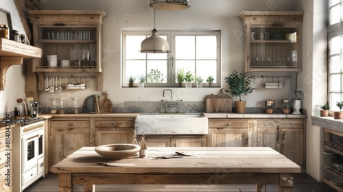 A charming farmhouse kitchen with a large wooden table, rustic cabinetry, a farmhouse sink, and a vintage stove.