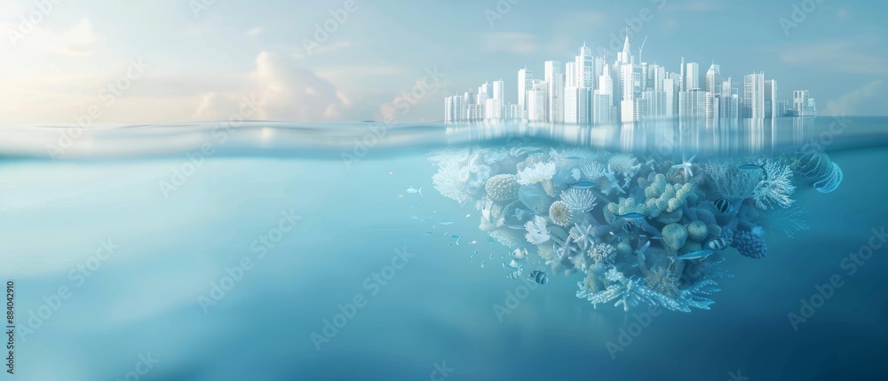 Fototapeta premium Conceptual image of a city built on a floating pile of plastic waste, highlighting environmental and pollution issues in the ocean.