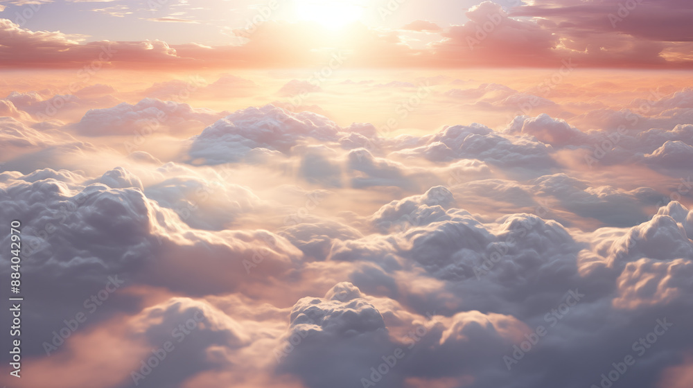 Sunset sky above clouds with sunny light. Romantic skyscape. View from plane window. Smooth panorama. Realistic photo generated by Ai technology