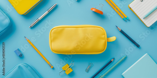 A yellow pencil case with a pen and a pair of scissors is on a blue background. The pencil case is surrounded by other school supplies such as pens, pencils, and a ruler photo