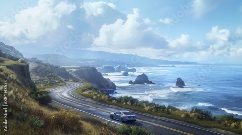 A car driving through a scenic coastal road, with the ocean and cliffs visible in the background.