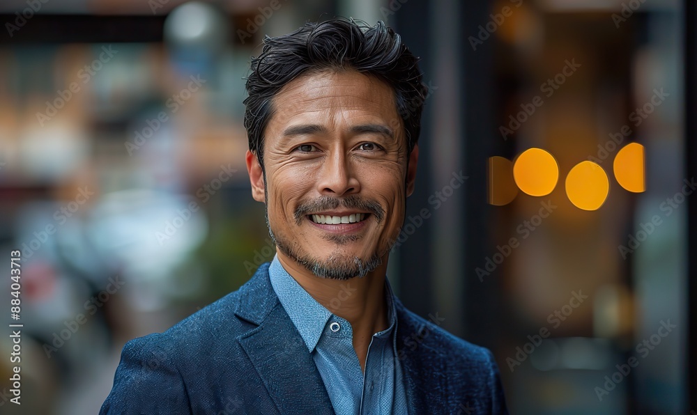 A confident, mature Asian businessman, a successful executive manager, stands smiling in a modern metropolis. A confident, mature Asian businessman, a successful executive manager, stands smiling in a modern metropolis.