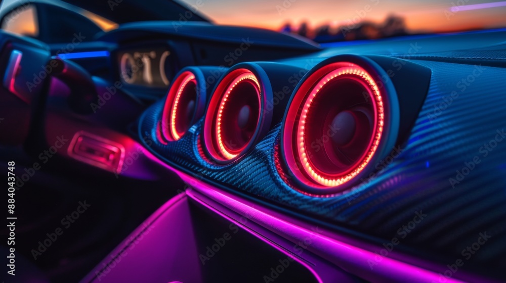 A car speaker with illuminated LED lights, enhancing the vehicle's interior aesthetics. A car speaker with illuminated LED lights, enhancing the vehicle's interior aesthetics.