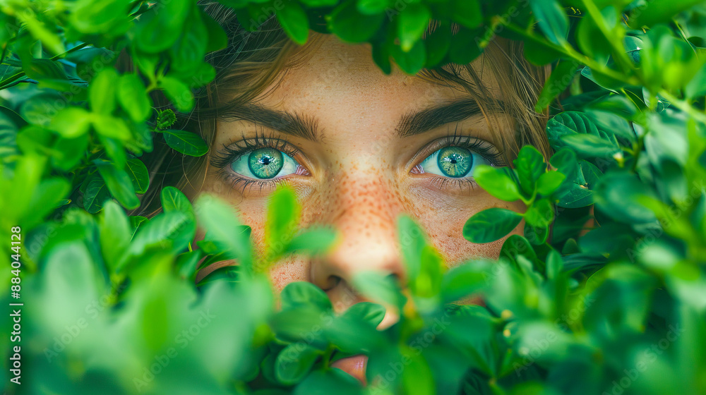 Young woman with green eyes hiding in the bushes Young woman with green eyes hiding in the bushes