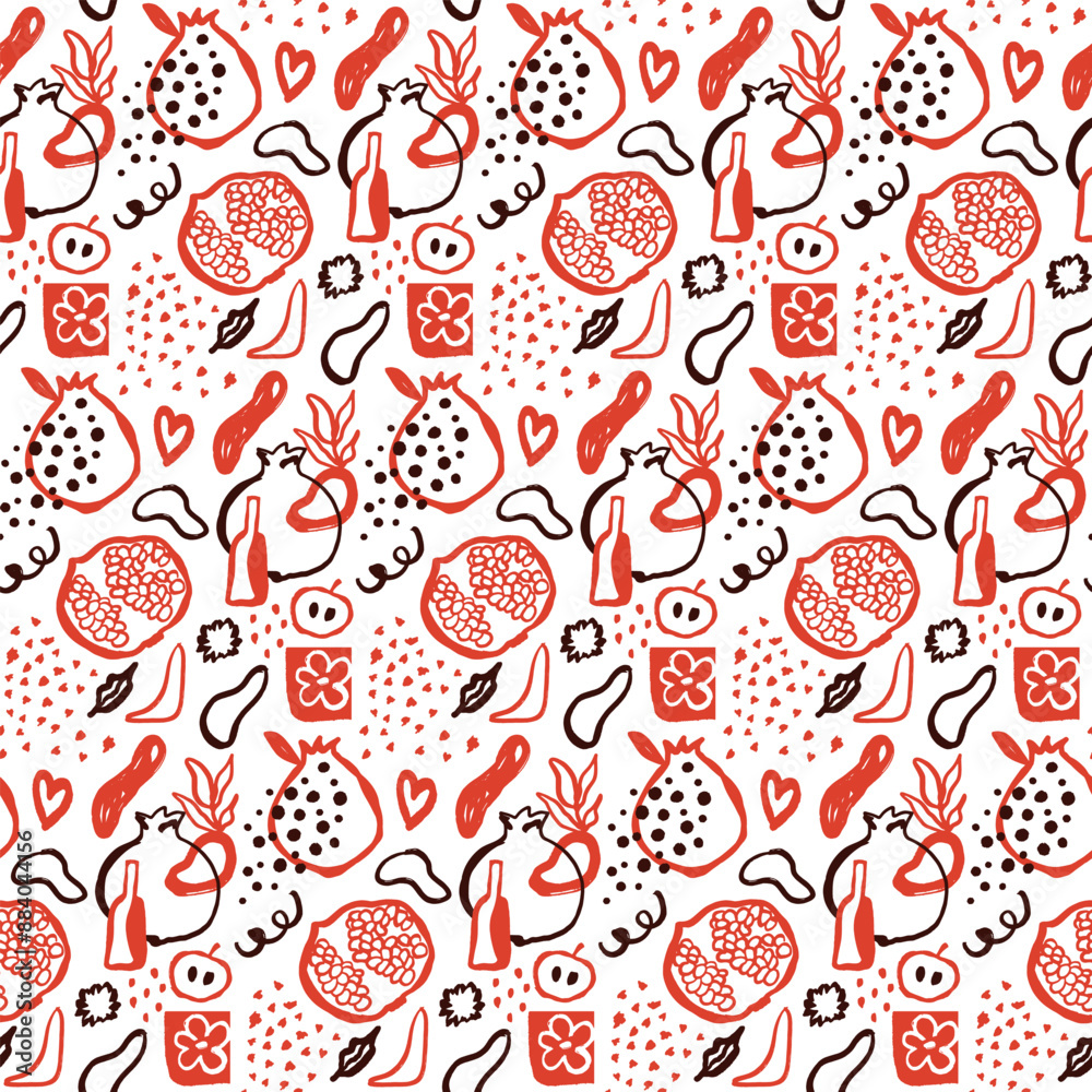 Seamless vector pattern with pomegranates and abstract elements in the form of lines, curls, dots, leaves, bottles.