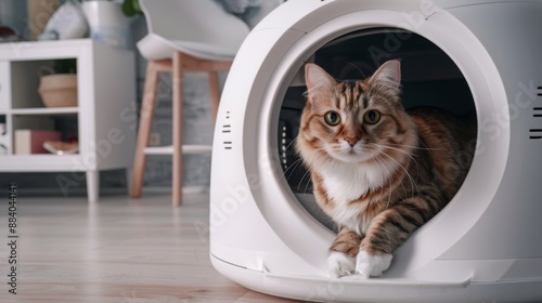 A cat exiting a self-cleaning litter box with a satisfied expression.