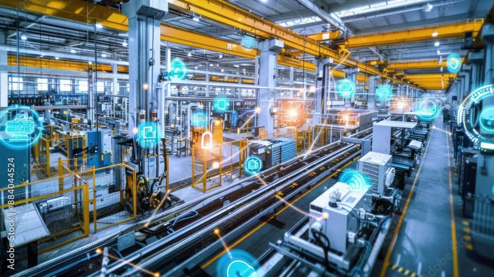 The Internet of Things IoT in manufacturing. Integration of connected devices to optimize production, maintenance, inventory, and other factory operations in the new era of Industry 4.0 