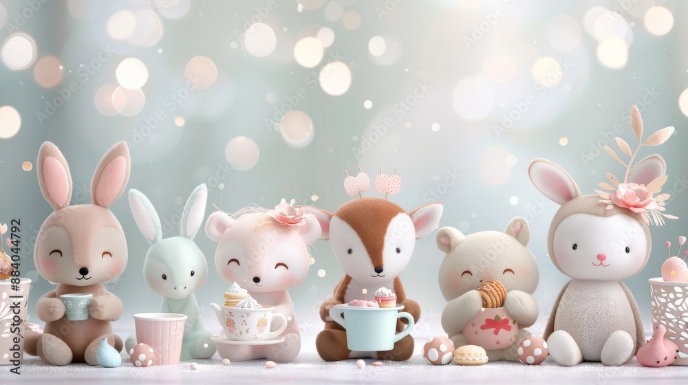 Naklejka premium Cute pastel plush animals having a tea party against a dreamy bokeh background, perfect for children's themed designs and decorations.
