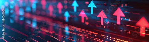 Abstract representation of economic trends with dynamic arrows and digital data points, SEO economic trends, market analysis, financial data, economic indicators