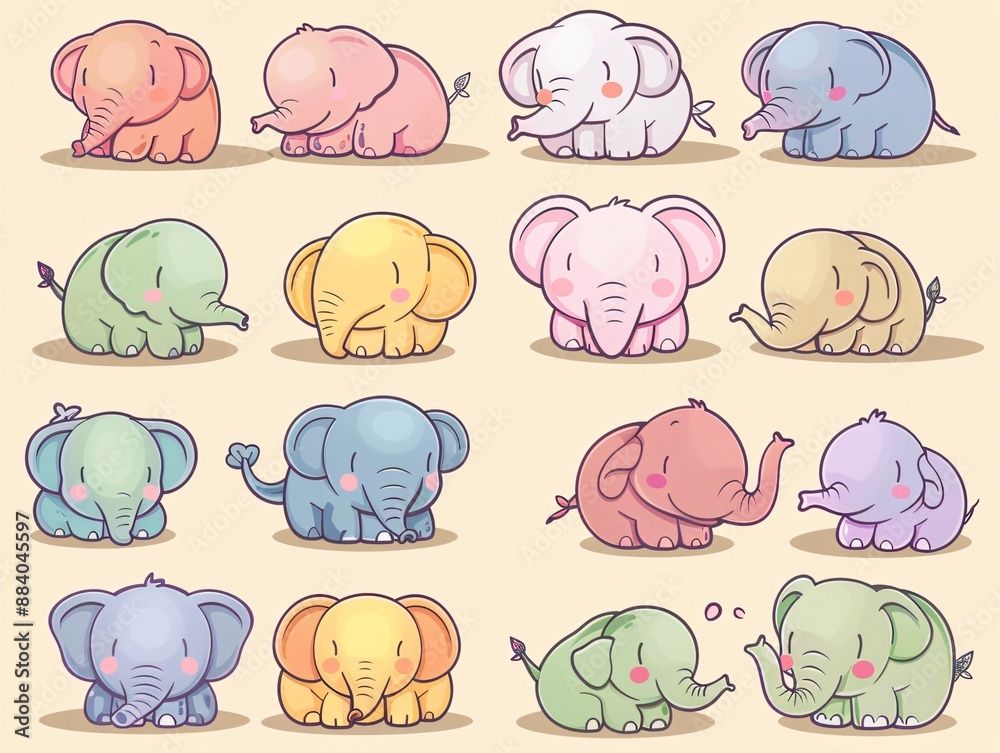 Fototapeta premium 2. Adorable collection of pastel-colored elephant characters with round bodies, showcasing a variety of feelings and poses, from happy and playful to sleepy and curious, drawn in a kawaii vector