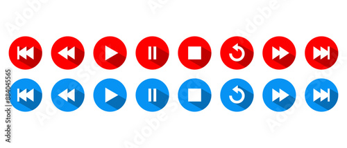 Play, pause, stop, repeat, previous and next icon with long shadow. Media player control button