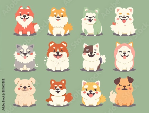 5. Delightful array of round, pastel-colored dogs in various poses and emotions, from cheerful and energetic to calm and sleepy, all rendered in a kawaii vector style on a simple background, perfect
