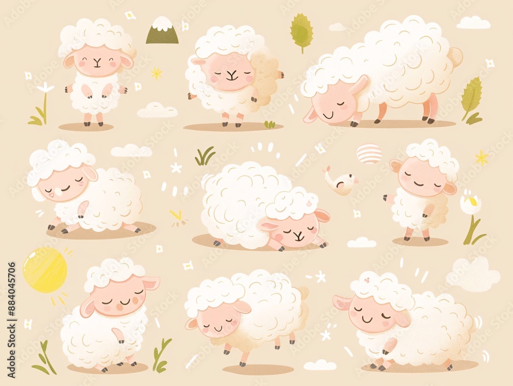 3. Charming set of kawaii sheep in round shapes and pastel tones, depicting different moods and activities, such as jumping, grazing, and napping, all illustrated in a delightful vector design on a 3. Charming set of kawaii sheep in round shapes and pastel tones, depicting different moods and activities, such as jumping, grazing, and napping, all illustrated in a delightful vector design on a