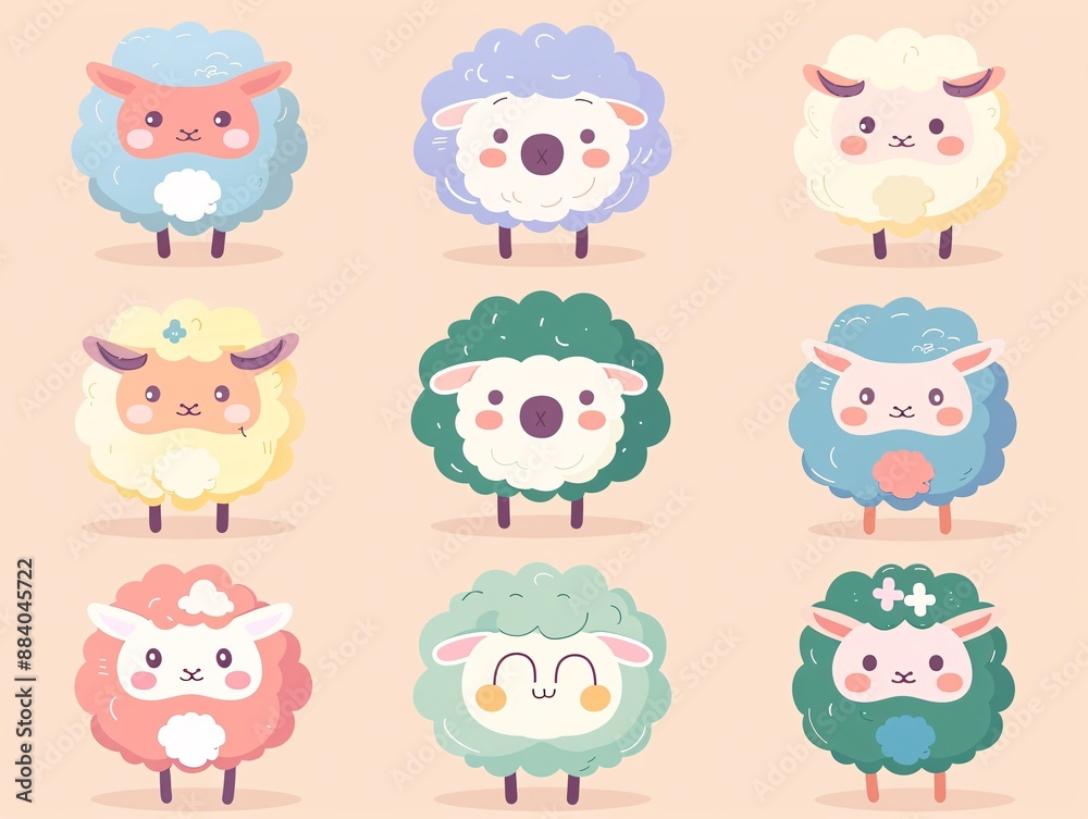 4. Pastel-themed collection of cute, round-shaped sheep characters, each exhibiting unique poses and expressions, like joyful, surprised, and relaxed, illustrated in a kawaii cartoon style, ideal for