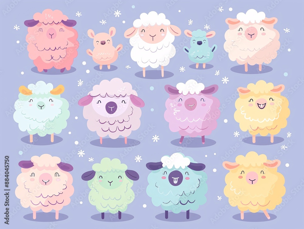 5. Delightful array of round, pastel-colored sheep in various poses and emotions, from cheerful and energetic to calm and sleepy, all rendered in a kawaii vector style on a simple background, perfect 5. Delightful array of round, pastel-colored sheep in various poses and emotions, from cheerful and energetic to calm and sleepy, all rendered in a kawaii vector style on a simple background, perfect