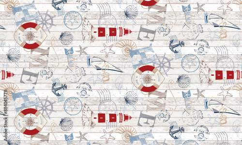 abstract vintage traveler light house decorative element background allover seamless pattern design illustration in red grey natural brown color combination digital home textile and apparels
