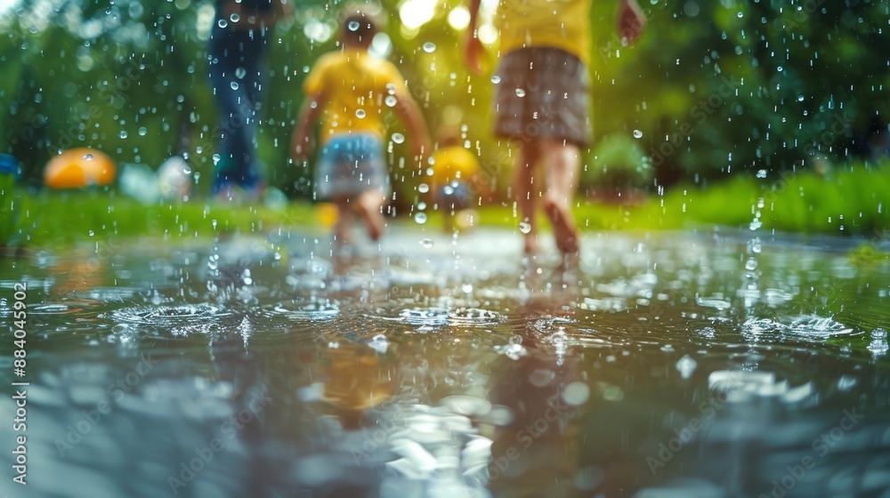 Fototapeta premium Children running and splashing in a puddle on a rainy day