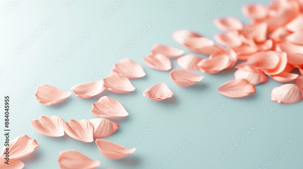 Delicate pink flower petals scattered on a light blue background, creating an elegant and serene atmosphere perfect for spring themes. Delicate pink flower petals scattered on a light blue background, creating an elegant and serene atmosphere perfect for spring themes.