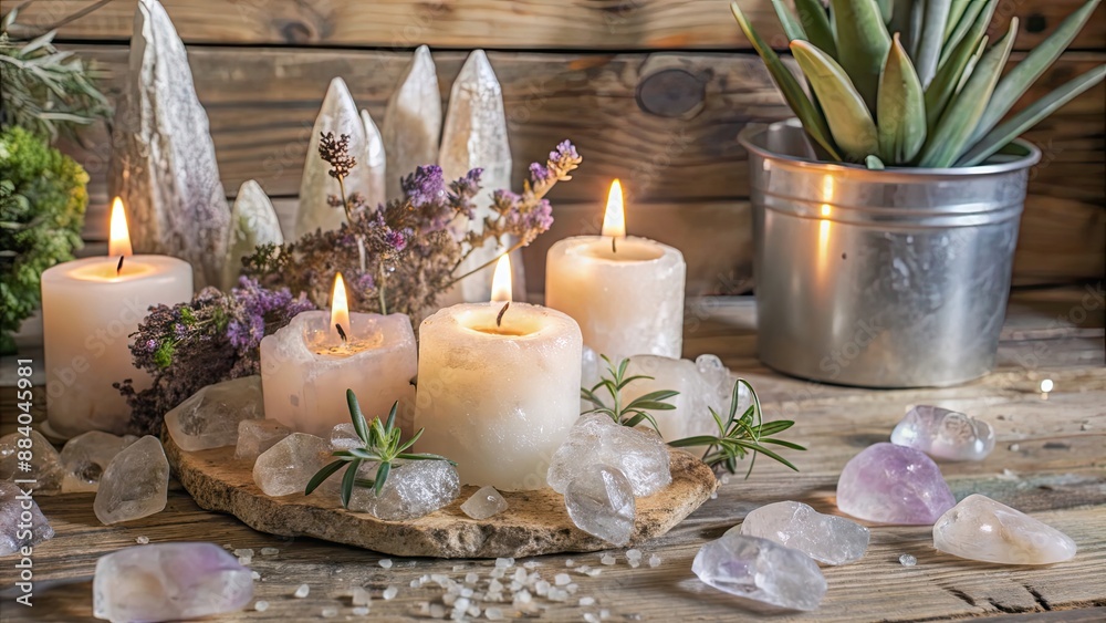 Obraz premium Crystal healing energy being channeled through candles and plants, crystal, healing, energy, candle, plants