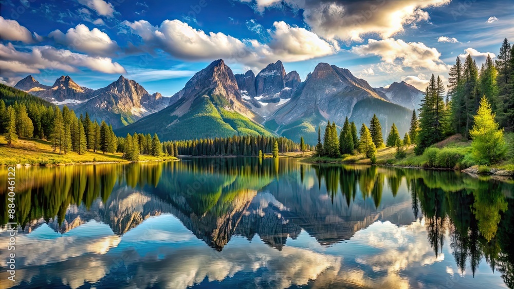 Mountain landscape with a tranquil lake reflecting the peaks , mountains, lake, reflection, serene, nature, scenic Mountain landscape with a tranquil lake reflecting the peaks , mountains, lake, reflection, serene, nature, scenic