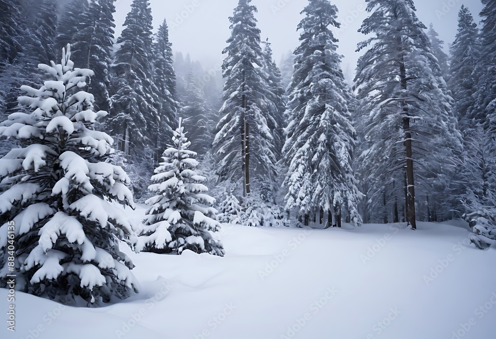 A wintery scene with pine trees heavily laden with fresh snow, creating a serene and peaceful atmosphere. A wintery scene with pine trees heavily laden with fresh snow, creating a serene and peaceful atmosphere.