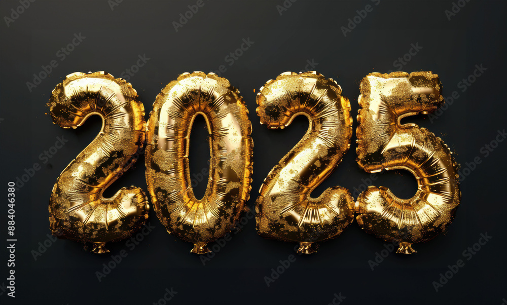 Golden balloons forming the number 2025 on a black background, perfect for New Year celebrations and events Golden balloons forming the number 2025 on a black background, perfect for New Year celebrations and events