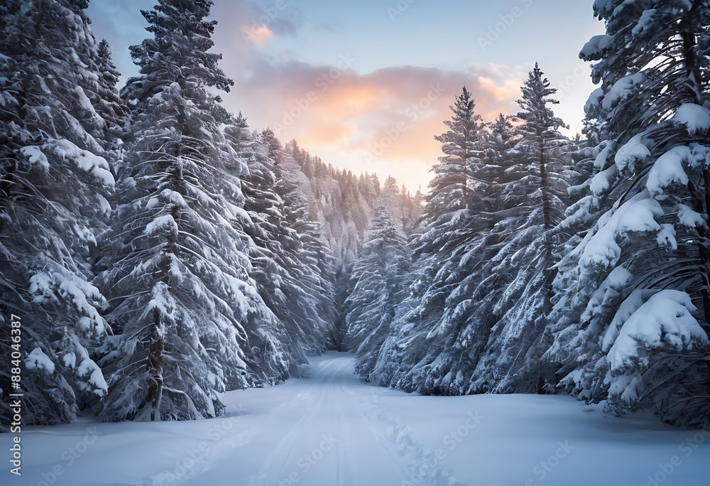 A wintery scene with pine trees heavily laden with fresh snow, creating a serene and peaceful atmosphere. A wintery scene with pine trees heavily laden with fresh snow, creating a serene and peaceful atmosphere.