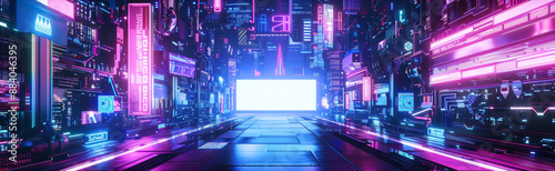 Futuristic Sci-Fi Cityscape with Neon Lights and Technological Displays at Night - A futuristic cityscape with neon lights and technological displays, showing a blend of cyberpunk aesthetics and vibra