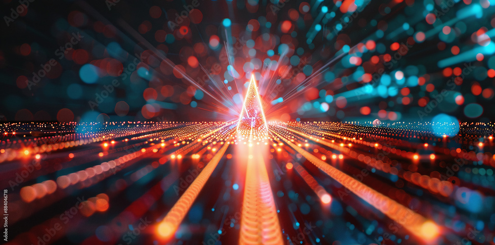 Vibrant Neon Arrow with Bokeh Light Effects in Dark Background Vibrant Neon Arrow with Bokeh Light Effects in Dark Background
