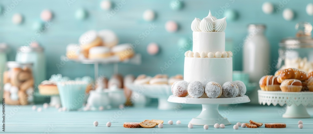 Elegant dessert table with a white cake and various pastries in a pastel setting. Perfect for celebration or event themes. Elegant dessert table with a white cake and various pastries in a pastel setting. Perfect for celebration or event themes.