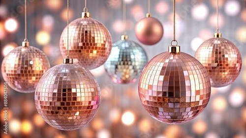 Wallpaper Mural Colorful rose gold tone disco glitter mirror Christmas balls hanging isolated, Rose gold, color, disco, glitter, mirror Torontodigital.ca
