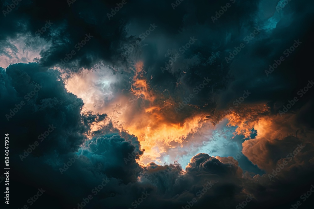 Dramatic Stormy Sky with Orange and Blue Clouds, Capturing the Power and Beauty of Nature in a National Geographic Style Dramatic Stormy Sky with Orange and Blue Clouds, Capturing the Power and Beauty of Nature in a National Geographic Style