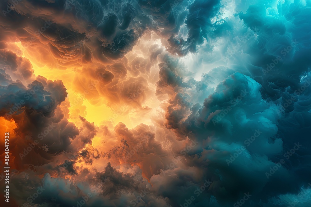 Dramatic Stormy Sky with Orange and Blue Clouds, Capturing the Power and Beauty of Nature in a National Geographic Style Dramatic Stormy Sky with Orange and Blue Clouds, Capturing the Power and Beauty of Nature in a National Geographic Style