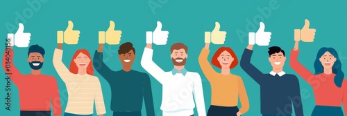 Diverse Group of People Giving Thumbs Up in Approval - A diverse group of people from different backgrounds, ages, and ethnicities are shown giving thumbs up in a sign of approval, support, and positi photo