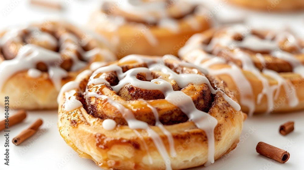 Freshly Baked Cinnamon Rolls with Icing Drizzle on White Background Freshly Baked Cinnamon Rolls with Icing Drizzle on White Background