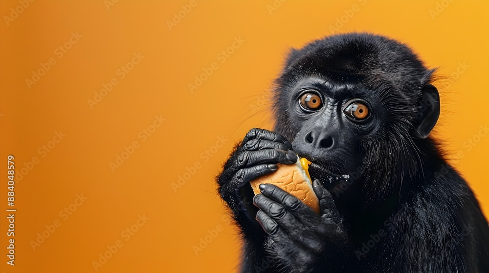 Fototapeta premium Howler Monkey Enjoying Hamburger on Vibrant Orange Background with Ample Copy Space
