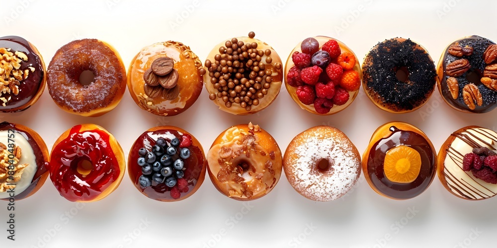 Artisanal Donuts with Unique Toppings Arranged on White Background Artisanal Donuts with Unique Toppings Arranged on White Background