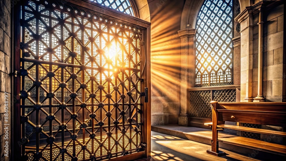 Obraz premium Light shining through the grate of a confessional in Saint-Remacle church in Verviers, Belgium Europe , light