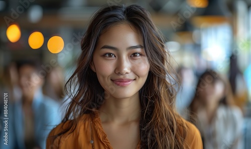 Confident Asian businesswoman, beaming with a smile, stands in an office alongside colleagues during a team meeting, her gaze directed at the camera.