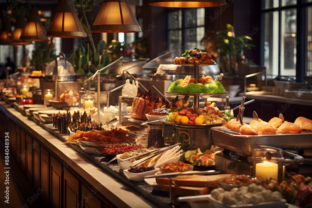 Exquisite Dining: A Gourmet Buffet Spread in an Upscale Restaurant Exquisite Dining: A Gourmet Buffet Spread in an Upscale Restaurant