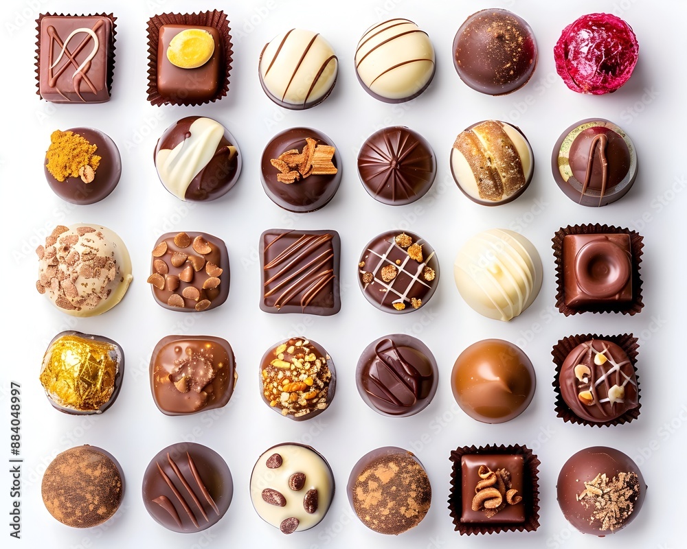 Assorted Artisan Chocolates Arranged in Elegant Pattern on White Background