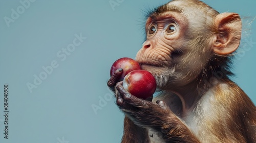 Bald Uakari Monkey Eating Plums on Plain Sky Blue Background with Copy Space photo