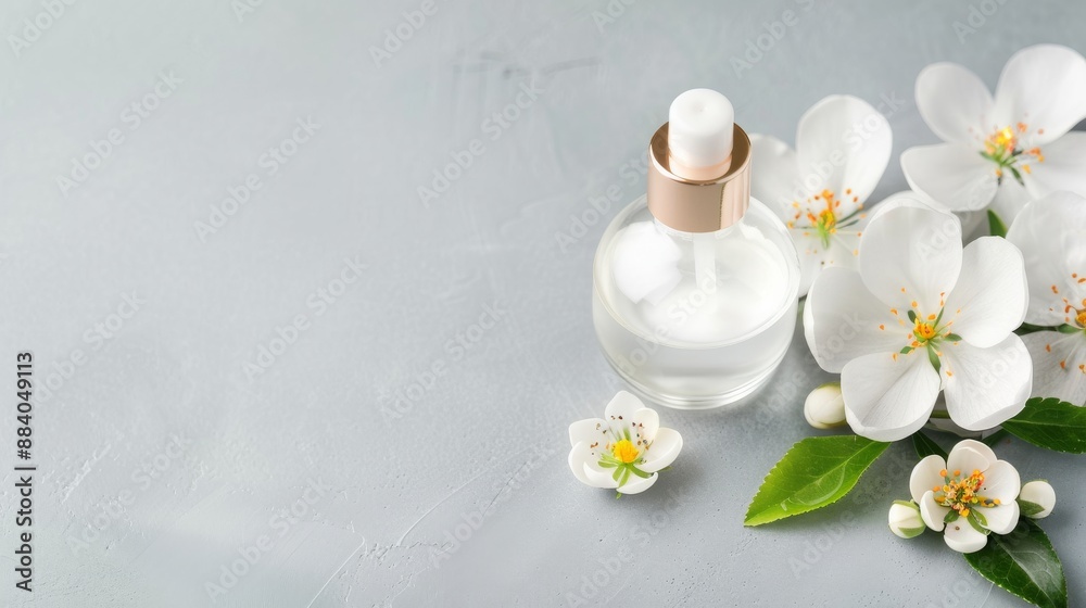 Elegant perfume bottle with white flowers on a light gray background, perfect for aromatherapy, beauty, and spa themes. Elegant perfume bottle with white flowers on a light gray background, perfect for aromatherapy, beauty, and spa themes.